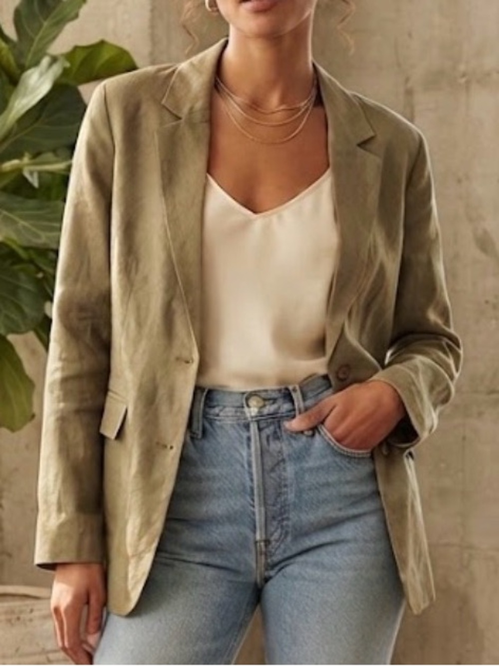 OAK + FORT Olive Linen Single-Breasted Lightweight Blazer